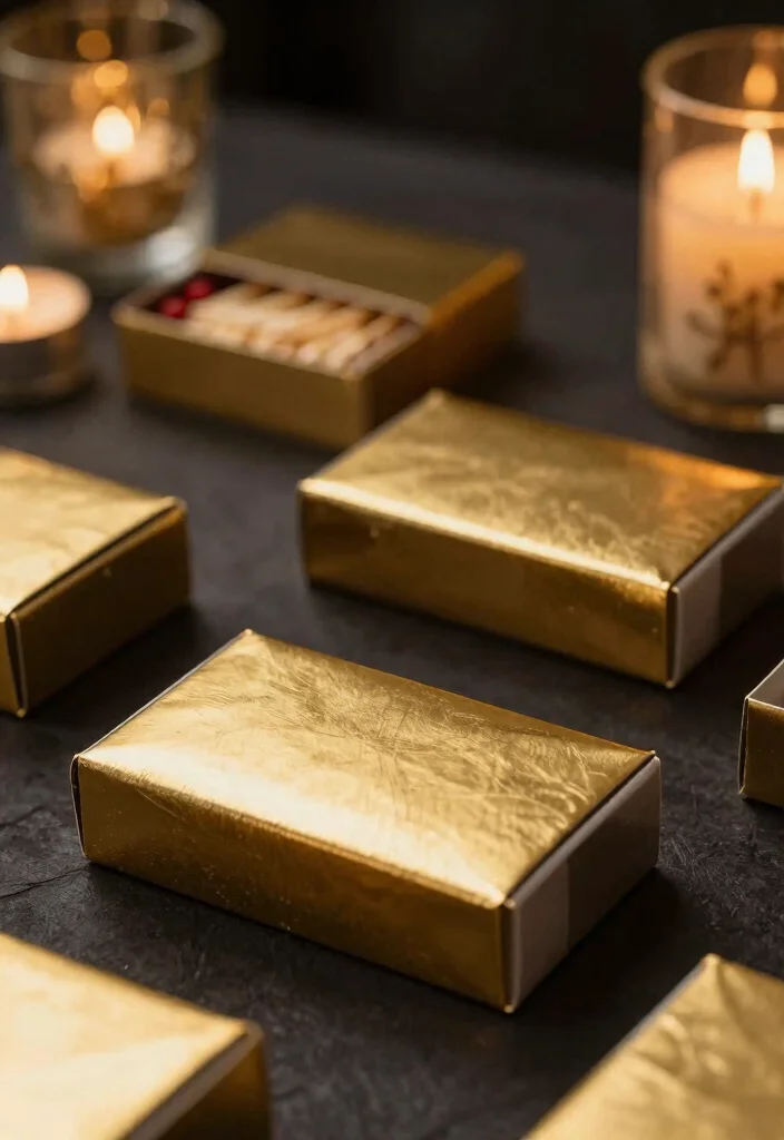 16 Wedding Matchbox Favors Ideas With Vintage Flair - 9. Elegant Gold Foil Matchboxes 1