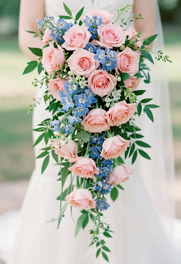 17 Blue and Pink Wedding Flowers Ideas With Soft Romance 1 17 Blue and Pink Wedding Flowers Ideas With Soft Romance - 1. Cascading Blue and Pink Bouquet 1