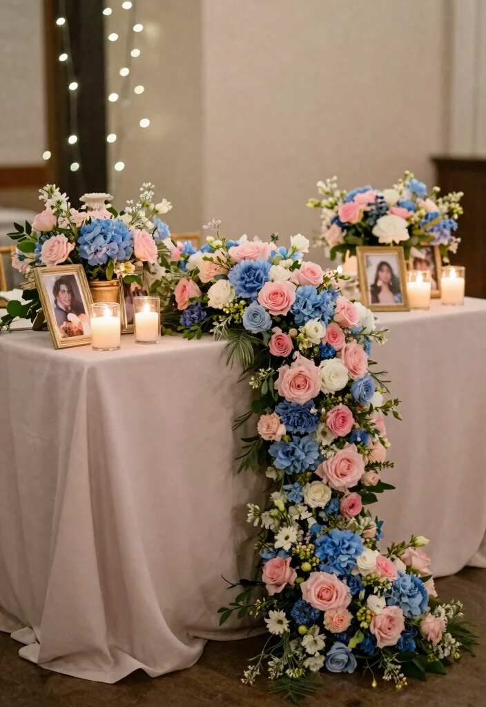 17 Blue and Pink Wedding Flowers Ideas With Soft Romance 8 17 Blue and Pink Wedding Flowers Ideas With Soft Romance - 8. Sweetheart Table Arrangements 1