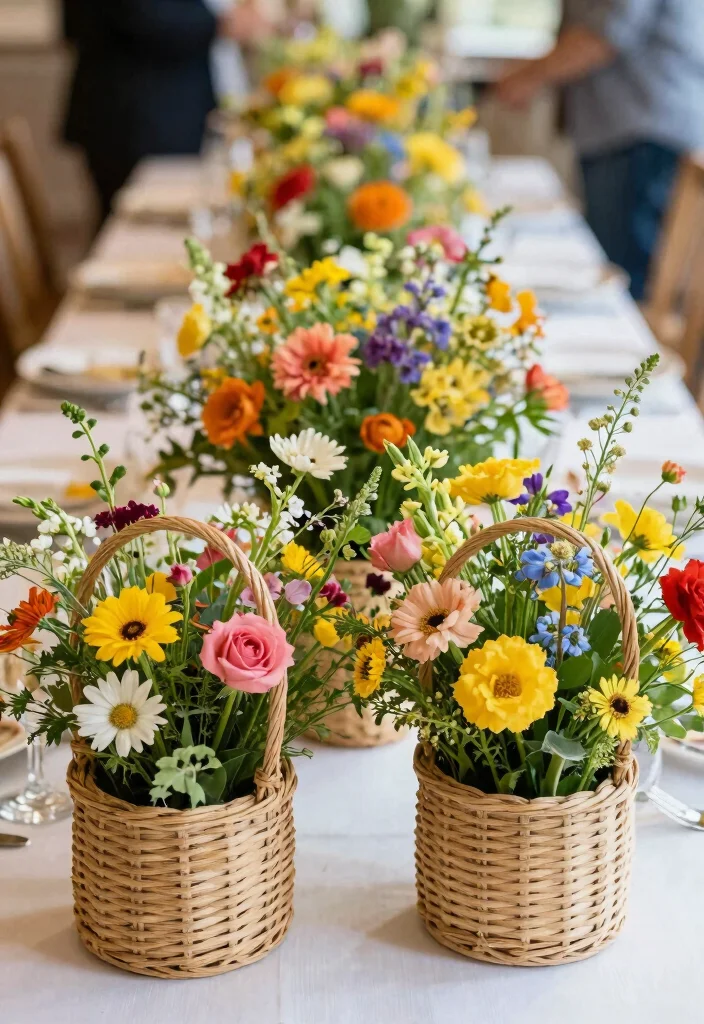 17 Wedding Shower Centerpieces Ideas That Feel Sweet & Chic 67 17 Wedding Shower Centerpieces Ideas That Feel Sweet & Chic - 17. Baskets of Wildflowers 1