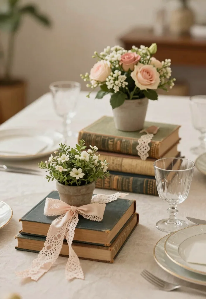 17 Wedding Shower Centerpieces Ideas That Feel Sweet & Chic 34 17 Wedding Shower Centerpieces Ideas That Feel Sweet & Chic - 4. Vintage Book Arrangements 1