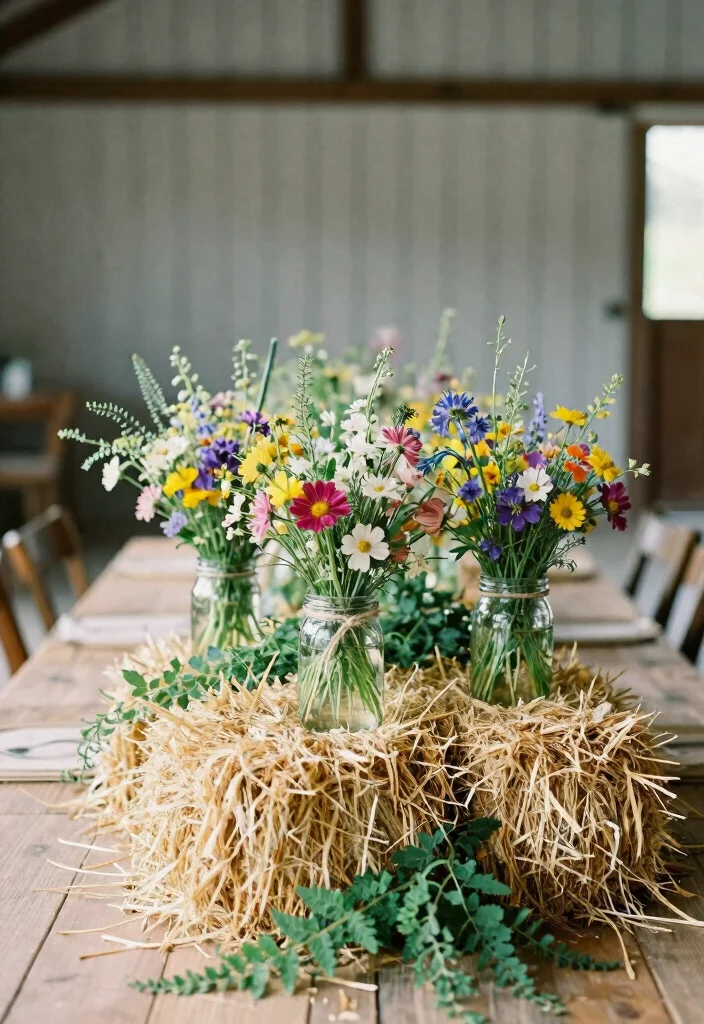 17 Western Wedding Table Centerpieces Ideas With Country Charm - 6. Hay Bales and Flowers 1