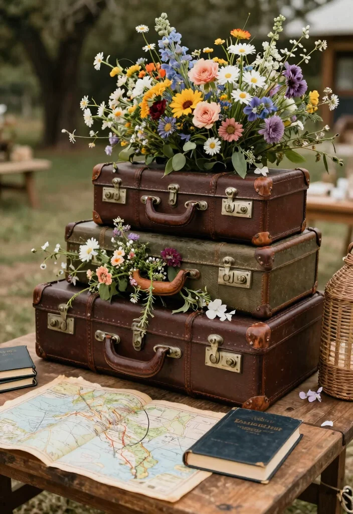 17 Western Wedding Table Centerpieces Ideas With Country Charm - 8. Vintage Suitcases 1