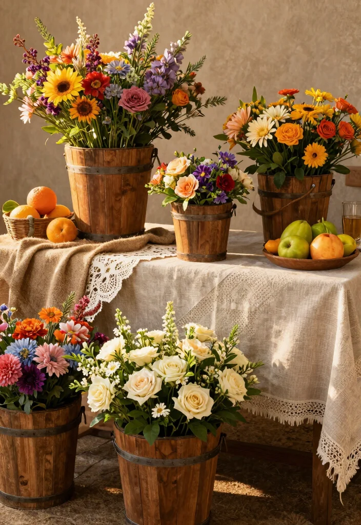 17 Western Wedding Table Centerpieces Ideas With Country Charm - 9. Old Wooden Buckets 1