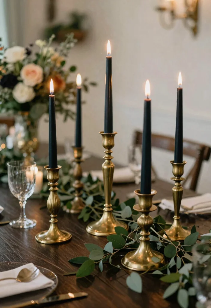 18 Black Wedding Table Decor Ideas With Bold Sophistication - 10. Black Taper Candles in Vintage Holders 1