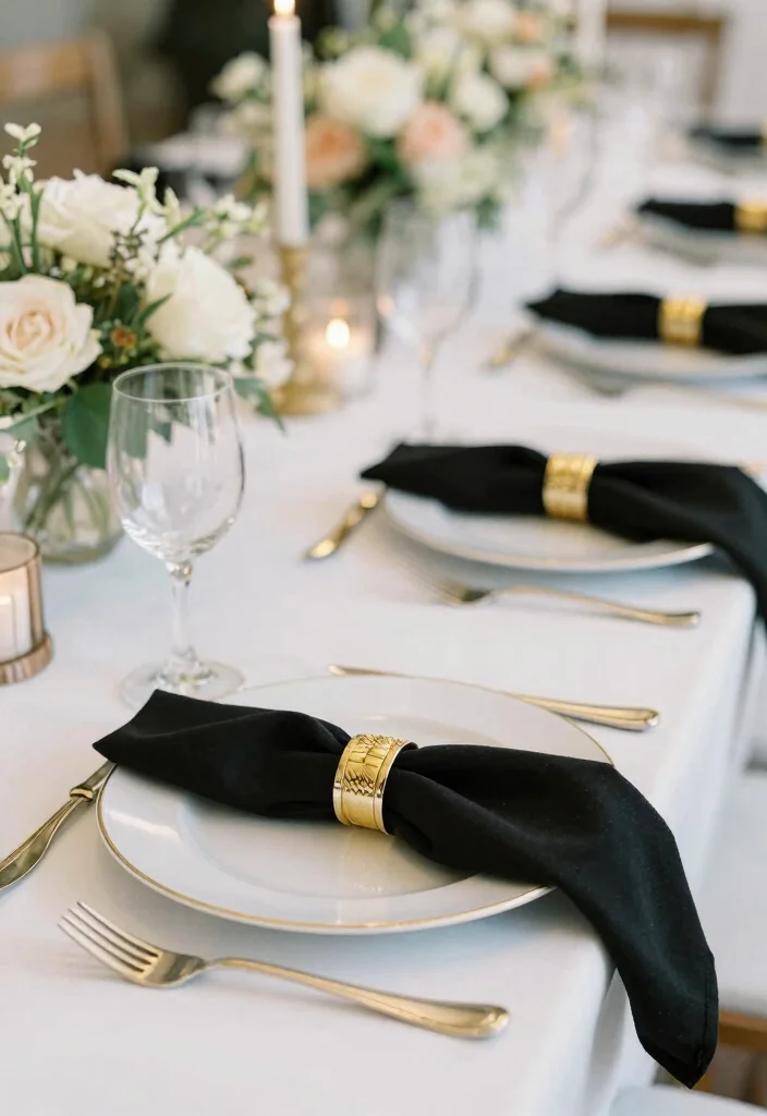 18 Black Wedding Table Decor Ideas With Bold Sophistication - 11. Stylish Black Napkin Folds 1