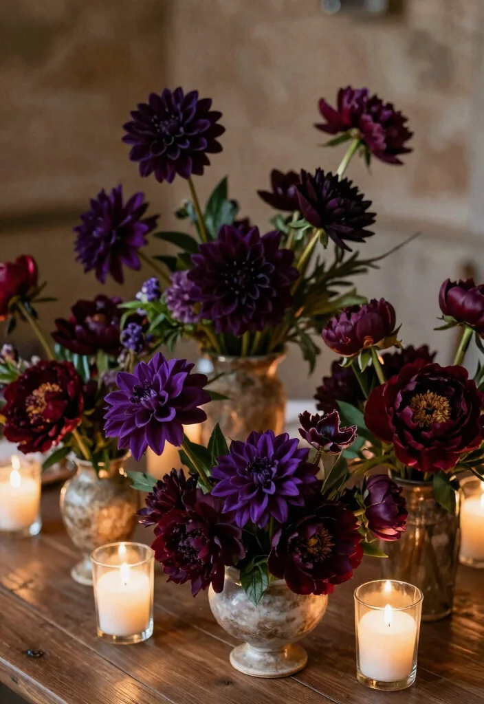 18 Black Wedding Table Decor Ideas With Bold Sophistication - 12. Floral Accents in Dark Hues 1