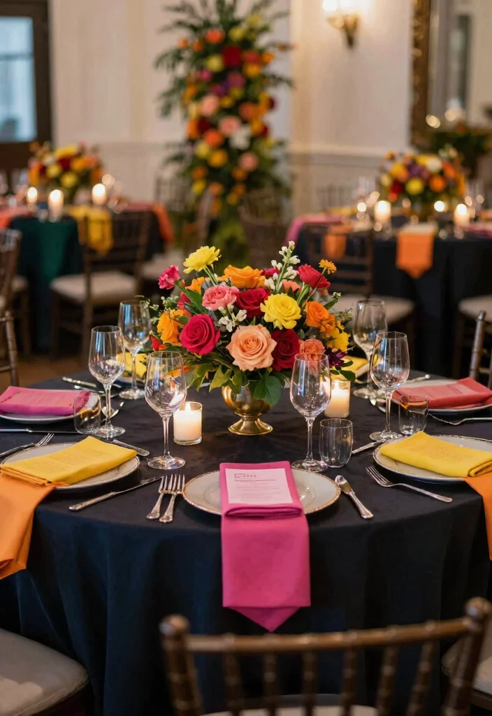 18 Black Wedding Table Decor Ideas With Bold Sophistication - 16. Dark Linen with Bright Accents 1