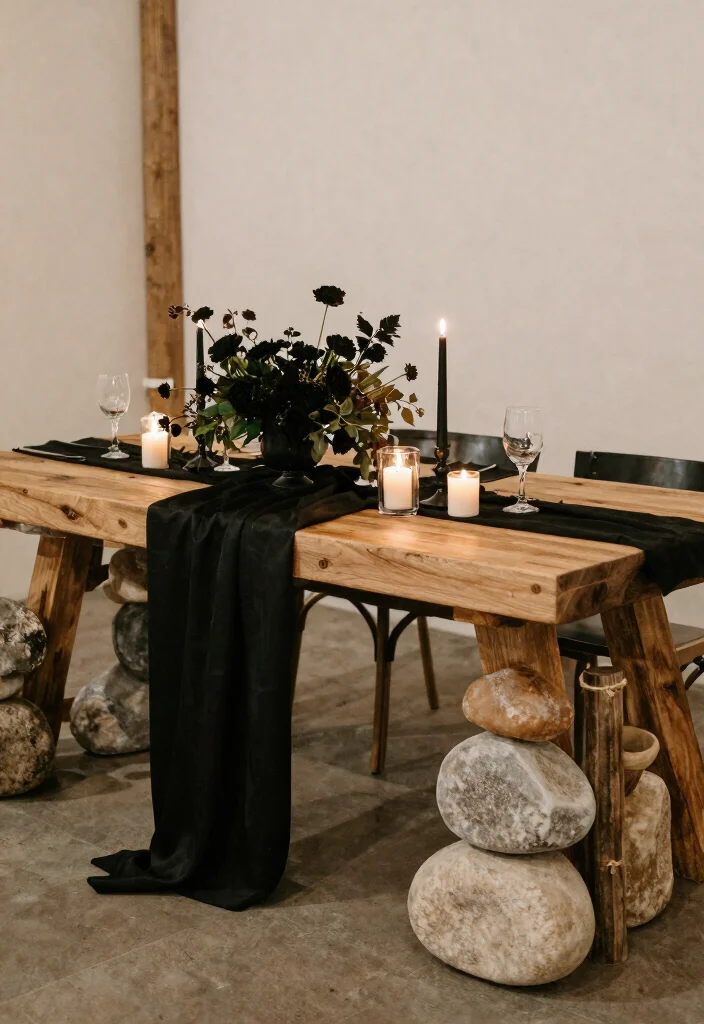 18 Black Wedding Table Decor Ideas With Bold Sophistication - 18. Black and Natural Contrast 1
