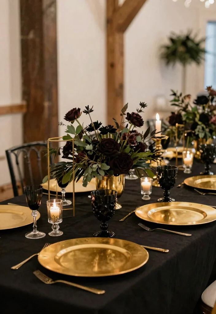 18 Black Wedding Table Decor Ideas With Bold Sophistication - 2. Black and Gold Glamour 1