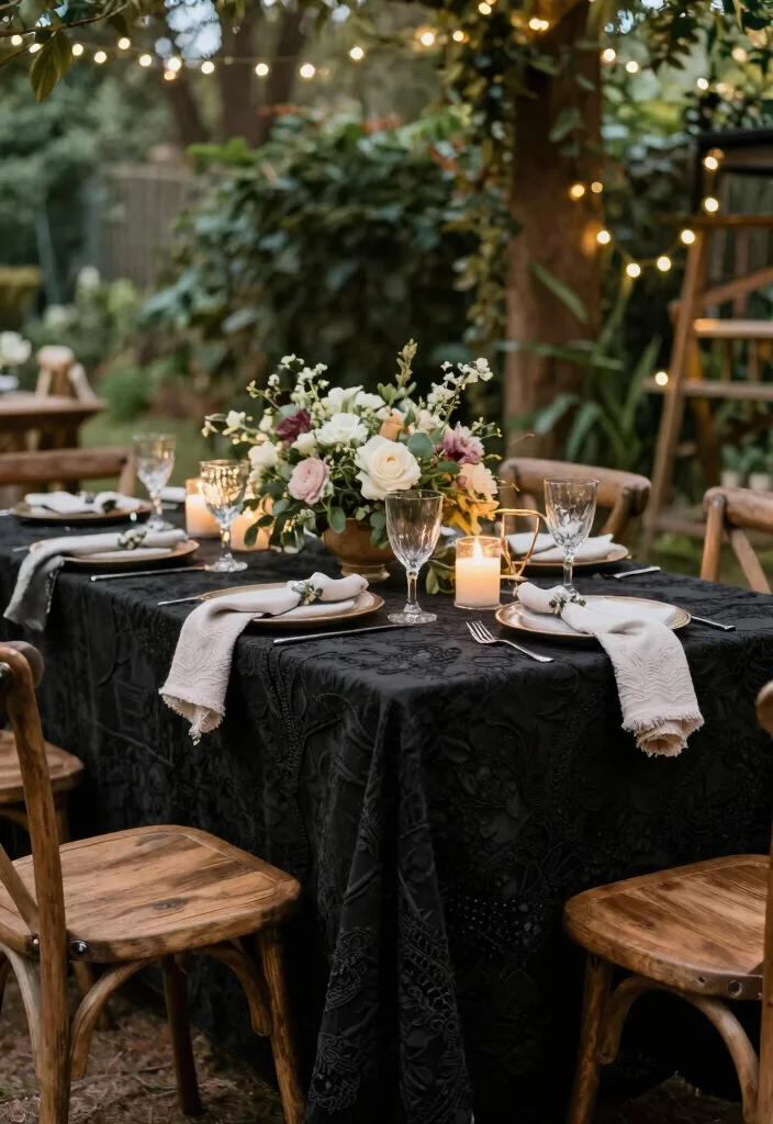 18 Black Wedding Table Decor Ideas With Bold Sophistication - 3. Textured Black Tablecloths 1