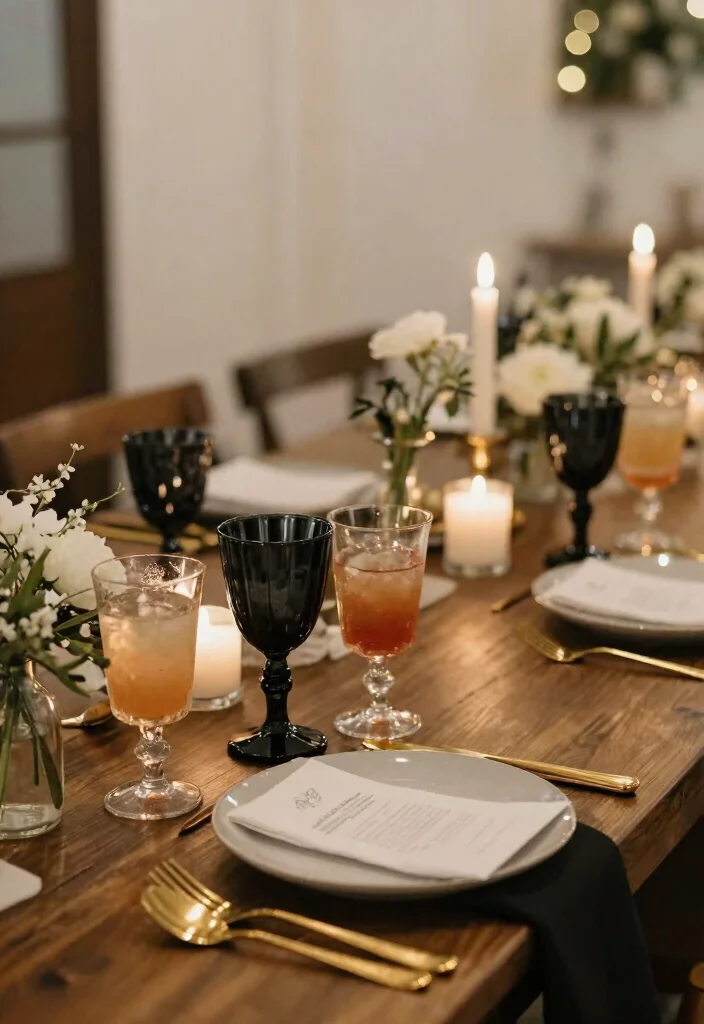18 Black Wedding Table Decor Ideas With Bold Sophistication - 7. Black Glassware 1