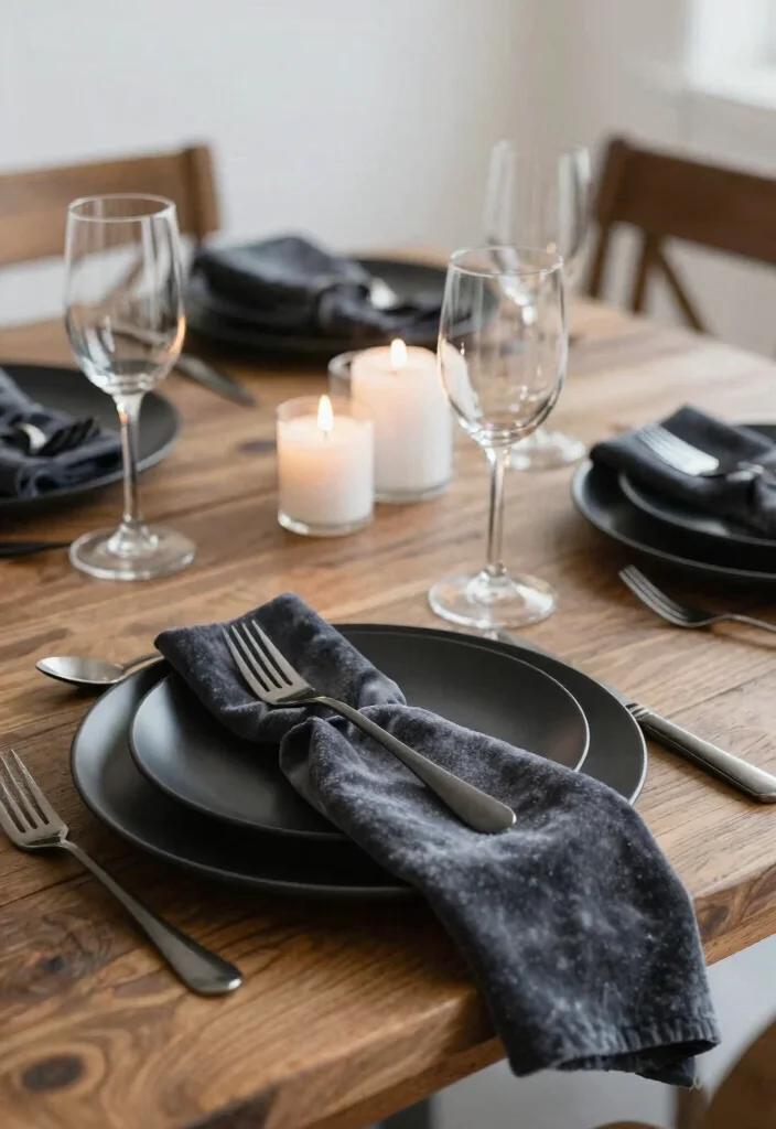 18 Black Wedding Table Decor Ideas With Bold Sophistication - 8. Monochromatic Place Settings 1