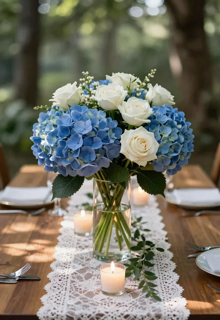 18 Blue Hydrangea Wedding Centerpieces Ideas That Pop Beautifully - 1. Classic Blue Hydrangea and White Roses 1