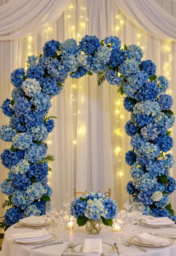 18 Blue Hydrangea Wedding Centerpieces Ideas That Pop Beautifully - 10. Hydrangea Arch Centerpiece 1