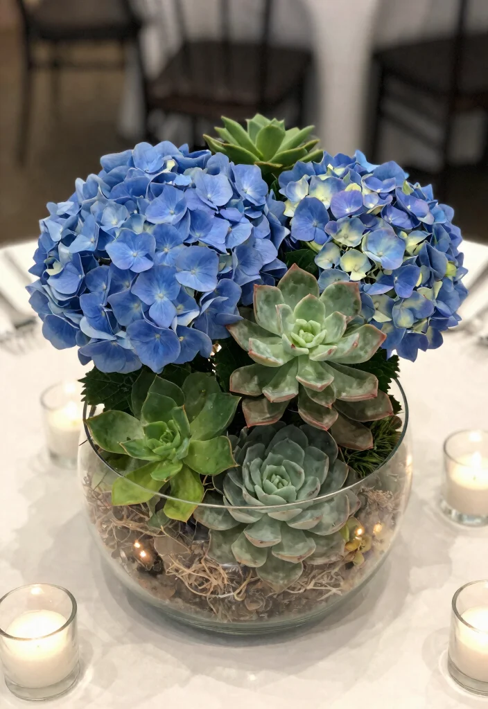18 Blue Hydrangea Wedding Centerpieces Ideas That Pop Beautifully - 11. Hydrangea and Succulent Mix 1