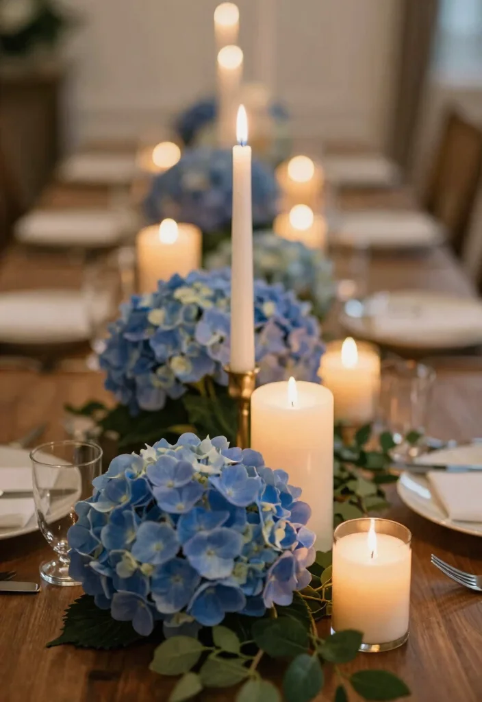 18 Blue Hydrangea Wedding Centerpieces Ideas That Pop Beautifully - 12. Blue Hydrangeas with Candles 1