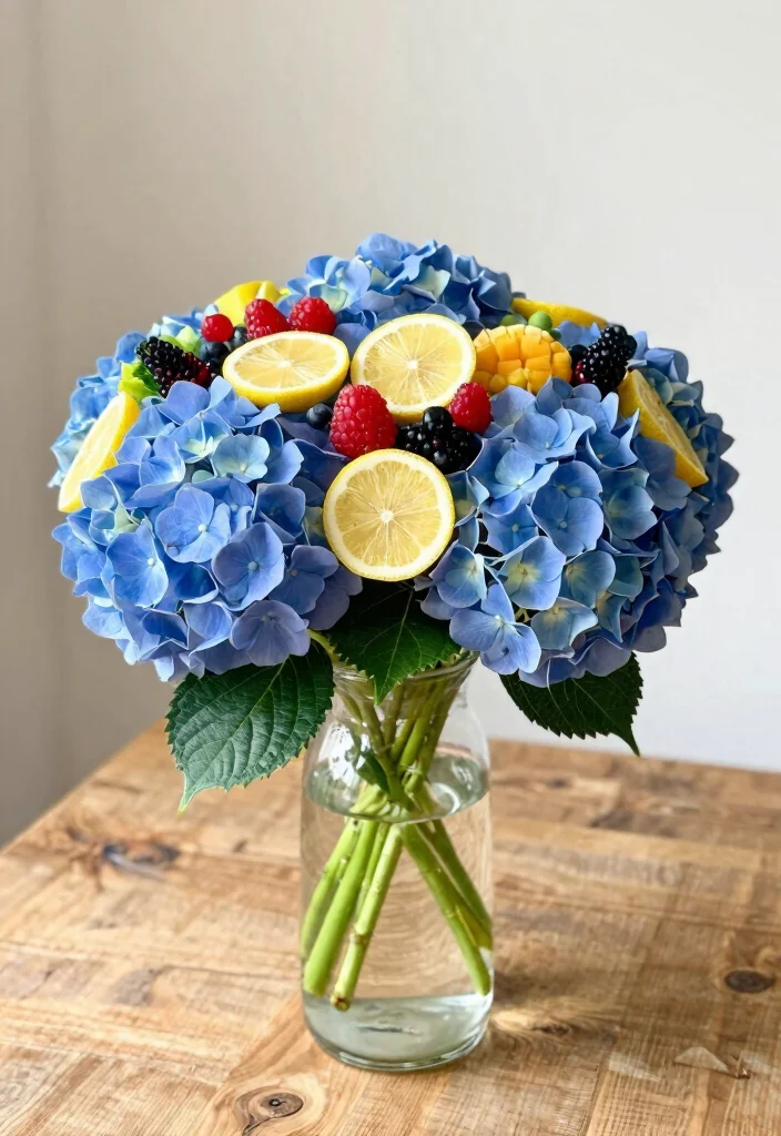 18 Blue Hydrangea Wedding Centerpieces Ideas That Pop Beautifully - 14. Hydrangeas with Seasonal Fruits 1