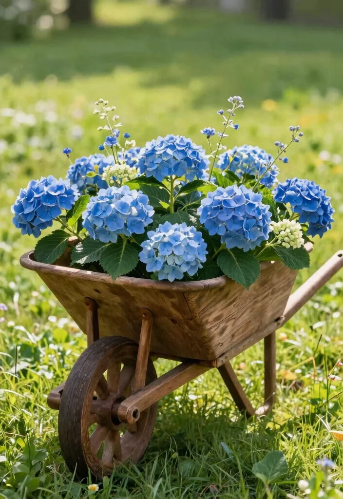 18 Blue Hydrangea Wedding Centerpieces Ideas That Pop Beautifully - 15. A Rustic Wheelbarrow Display 1