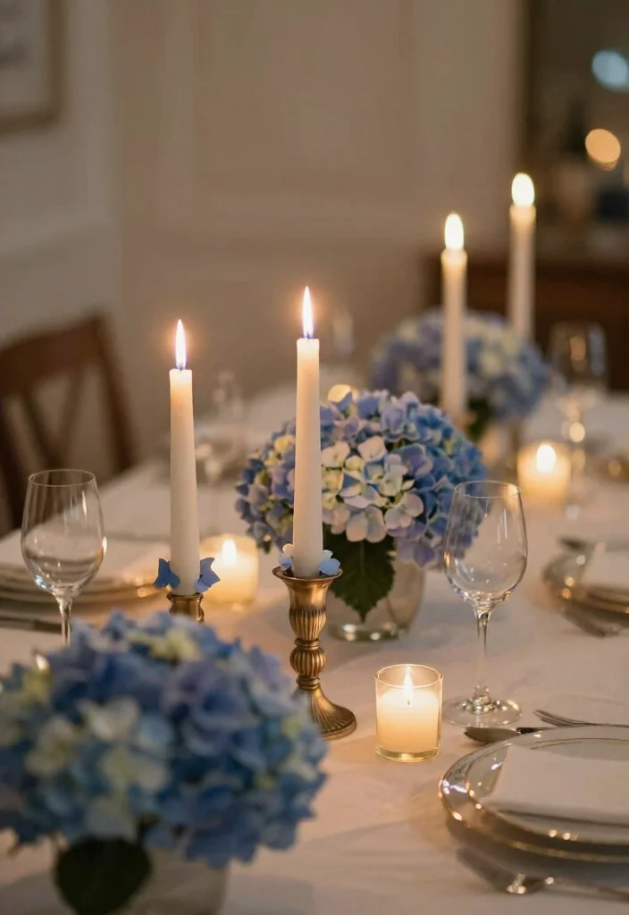18 Blue Hydrangea Wedding Centerpieces Ideas That Pop Beautifully - 16. Hydrangea Taper Candles 1