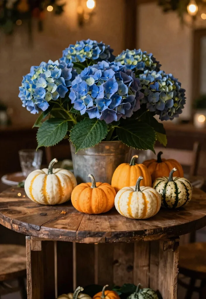 18 Blue Hydrangea Wedding Centerpieces Ideas That Pop Beautifully - 17. Blue Hydrangeas with Mini Pumpkins 1