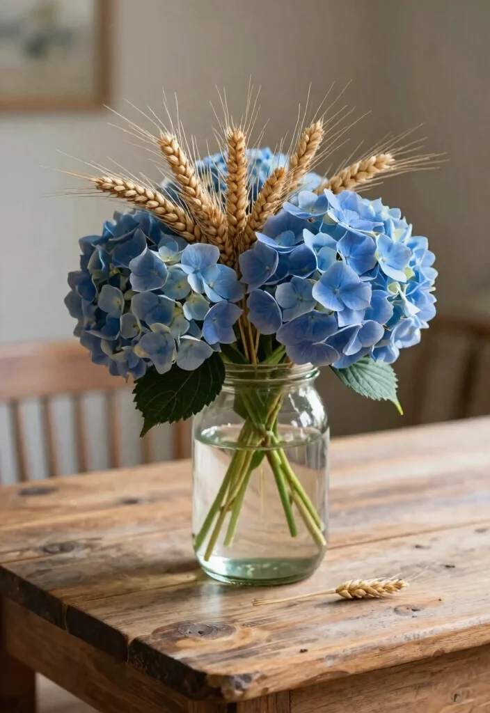 18 Blue Hydrangea Wedding Centerpieces Ideas That Pop Beautifully - 18. A Hydrangea and Grains Mix 1