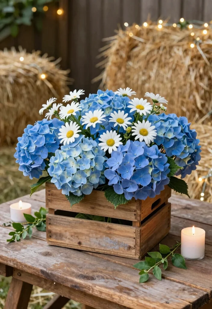 18 Blue Hydrangea Wedding Centerpieces Ideas That Pop Beautifully - 2. Rustic Wooden Box Arrangements 1