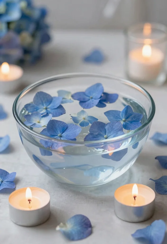 18 Blue Hydrangea Wedding Centerpieces Ideas That Pop Beautifully - 3. Floating Hydrangeas in Water 1