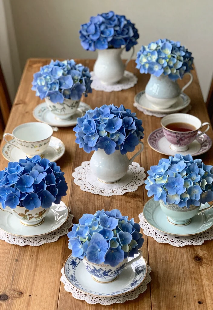 18 Blue Hydrangea Wedding Centerpieces Ideas That Pop Beautifully - 4. Vintage Tea Cup Arrangements 1