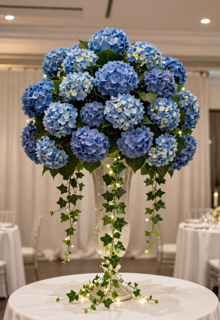 18 Blue Hydrangea Wedding Centerpieces Ideas That Pop Beautifully - 5. Blue Hydrangea Cascading Centerpiece 1
