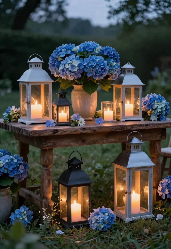 18 Blue Hydrangea Wedding Centerpieces Ideas That Pop Beautifully - 6. Centerpieces with Lanterns 1