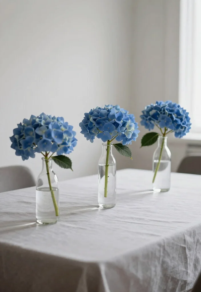 18 Blue Hydrangea Wedding Centerpieces Ideas That Pop Beautifully - 7. Simple Bud Vases 1