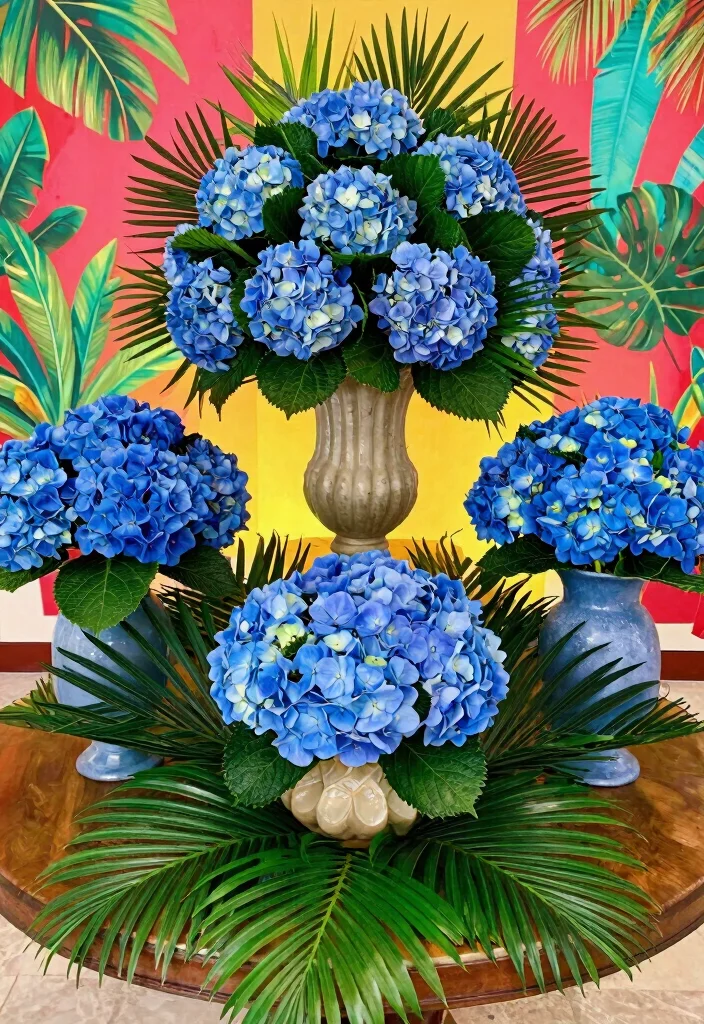 18 Blue Hydrangea Wedding Centerpieces Ideas That Pop Beautifully - 8. Hydrangeas with Exotic Foliage 1