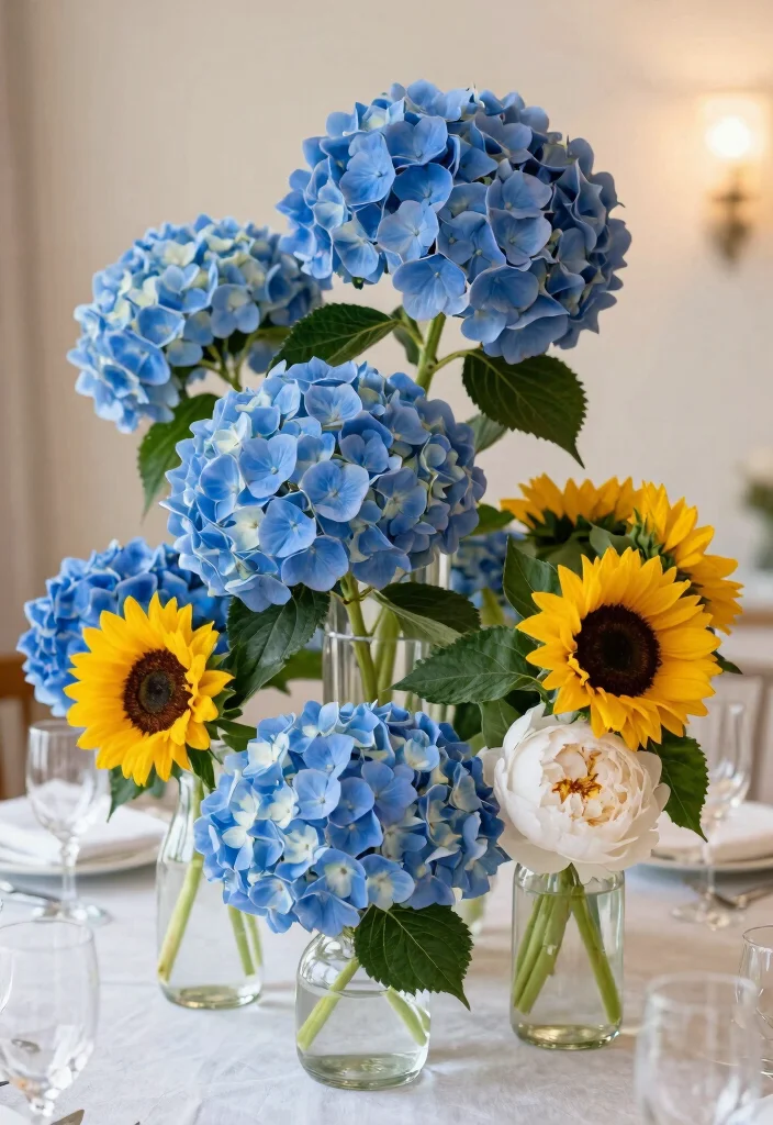 18 Blue Hydrangea Wedding Centerpieces Ideas That Pop Beautifully - 9. Mixed Flower Centerpieces 1