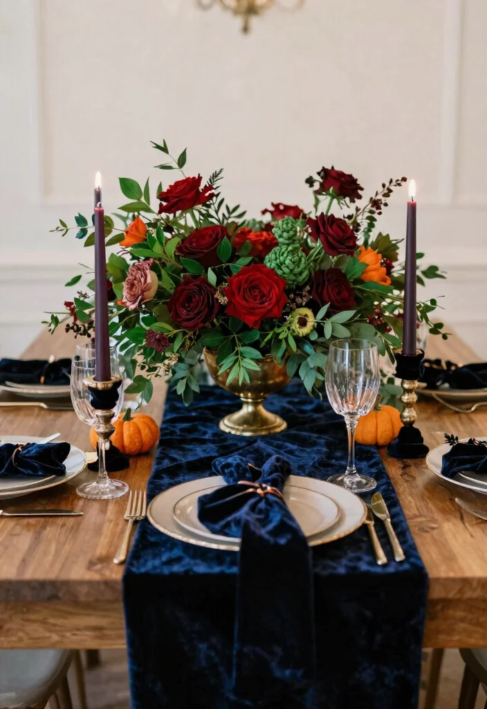 10 Halloween Wedding Centerpieces That Set the Mood Without Gore - 6. Velvet Accents 1
