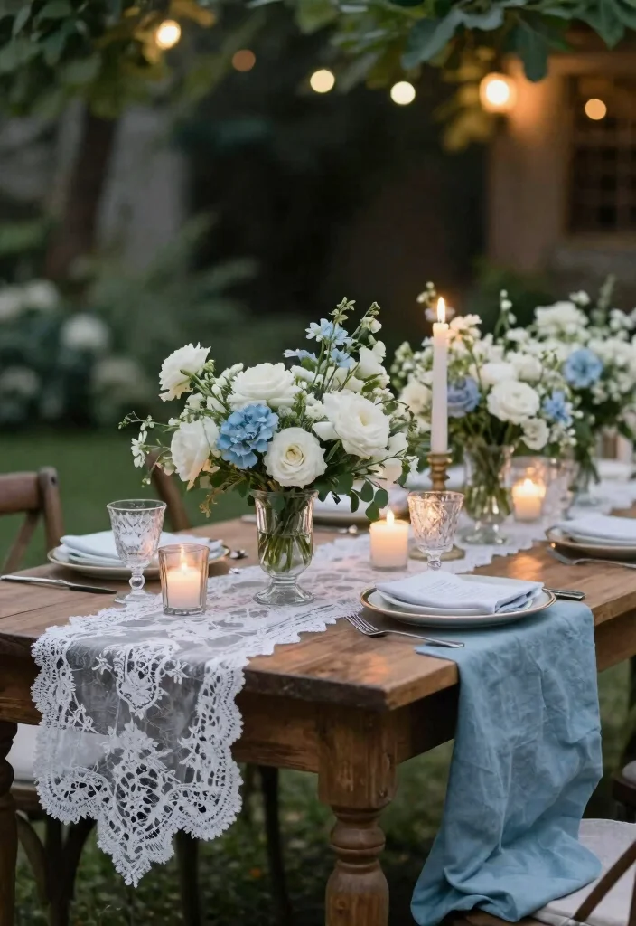 12 Dusty Blue Wedding Table Settings That Don't Look Washed Out 1 12 Dusty Blue Wedding Table Settings That Don't Look Washed Out - 1. Rustic Charm with Lace Accents 1
