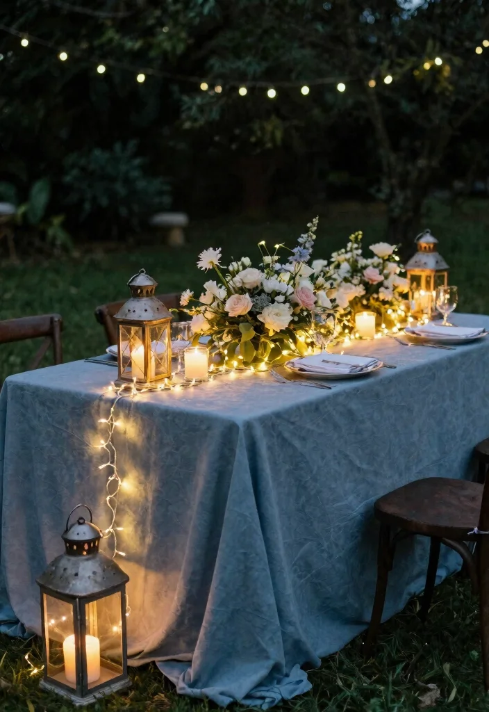 12 Dusty Blue Wedding Table Settings That Don't Look Washed Out 62 12 Dusty Blue Wedding Table Settings That Don't Look Washed Out - 12. Ethereal Fairy Lights 1