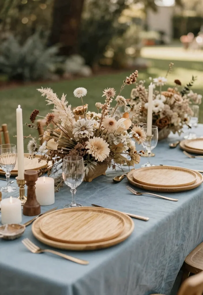 12 Dusty Blue Wedding Table Settings That Don't Look Washed Out 12 12 Dusty Blue Wedding Table Settings That Don't Look Washed Out - 2. Bohemian Vibes with Dried Florals 1