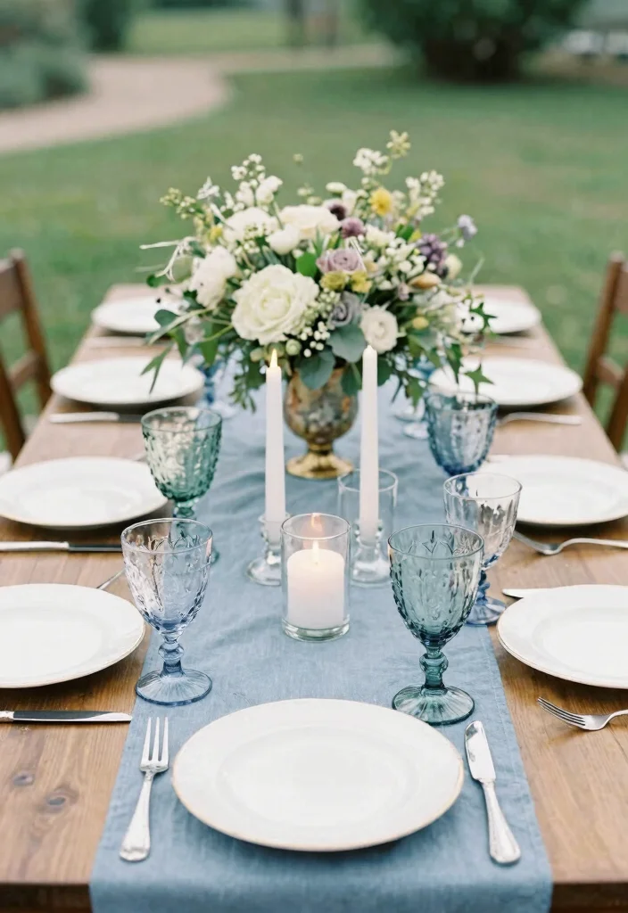 12 Dusty Blue Wedding Table Settings That Don't Look Washed Out 23 12 Dusty Blue Wedding Table Settings That Don't Look Washed Out - 3. Vintage Glassware Elegance 1