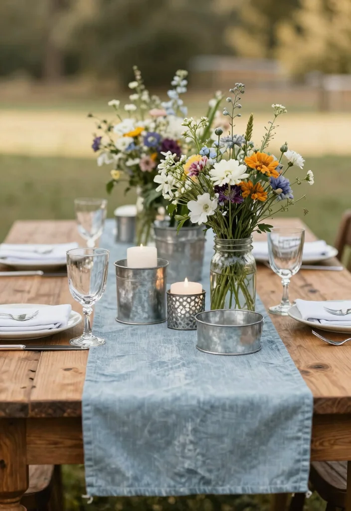 12 Dusty Blue Wedding Table Settings That Don't Look Washed Out 35 12 Dusty Blue Wedding Table Settings That Don't Look Washed Out - 5. Farmhouse Chic with Wood and Metal 1