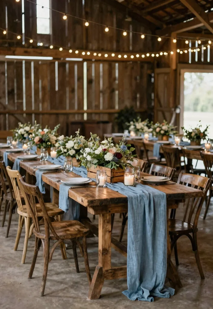 12 Dusty Blue Wedding Table Settings That Don't Look Washed Out 59 12 Dusty Blue Wedding Table Settings That Don't Look Washed Out - 9. Rustic Barn Vibes 1