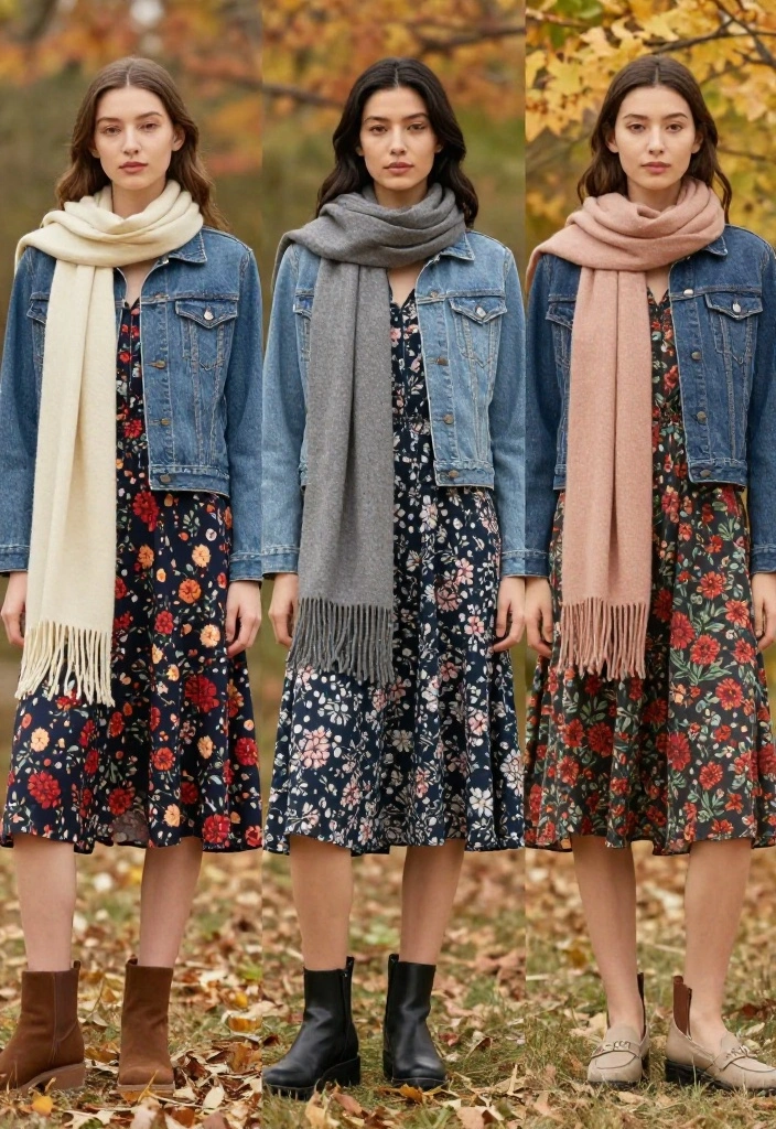 12 Fall Wedding Guest Outfit October Ideas for Unpredictable Weather - 2. Floral Midi Dress with a Denim Jacket 1