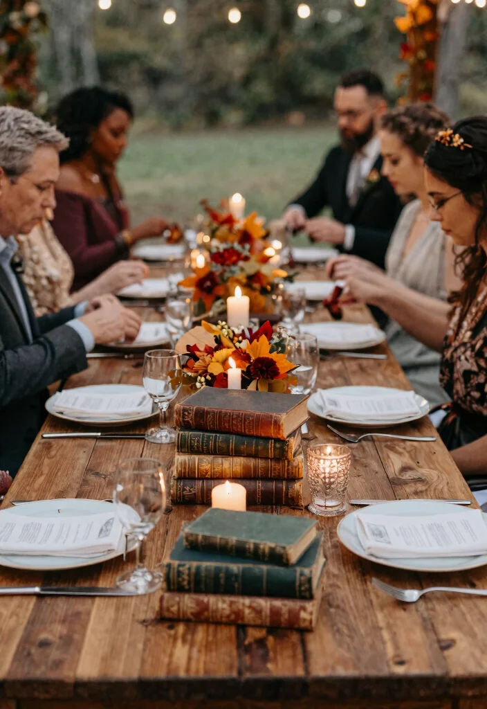 12 Simple Fall Wedding Table Decor That Doesn't Need a Florist - 11. Vintage Books as Decor 1