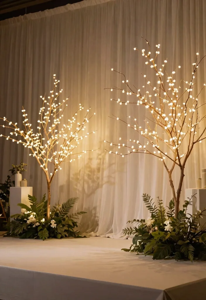 12 Wedding Stage Decorations That Anchor Without Drilling - 11. Lighted Branch Arrangements 1