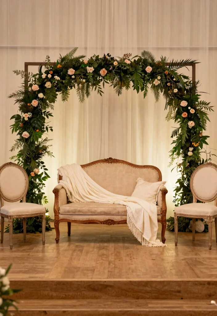 12 Wedding Stage Decorations That Anchor Without Drilling - 6. Vintage Furniture Rentals 1