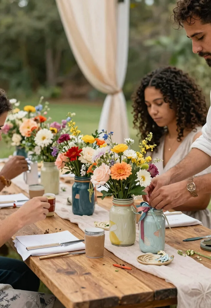 14 Dream Wedding Decorations on a Budget Using Spray Paint & Ribbon - 1. Charming Painted Mason Jar Vases 1