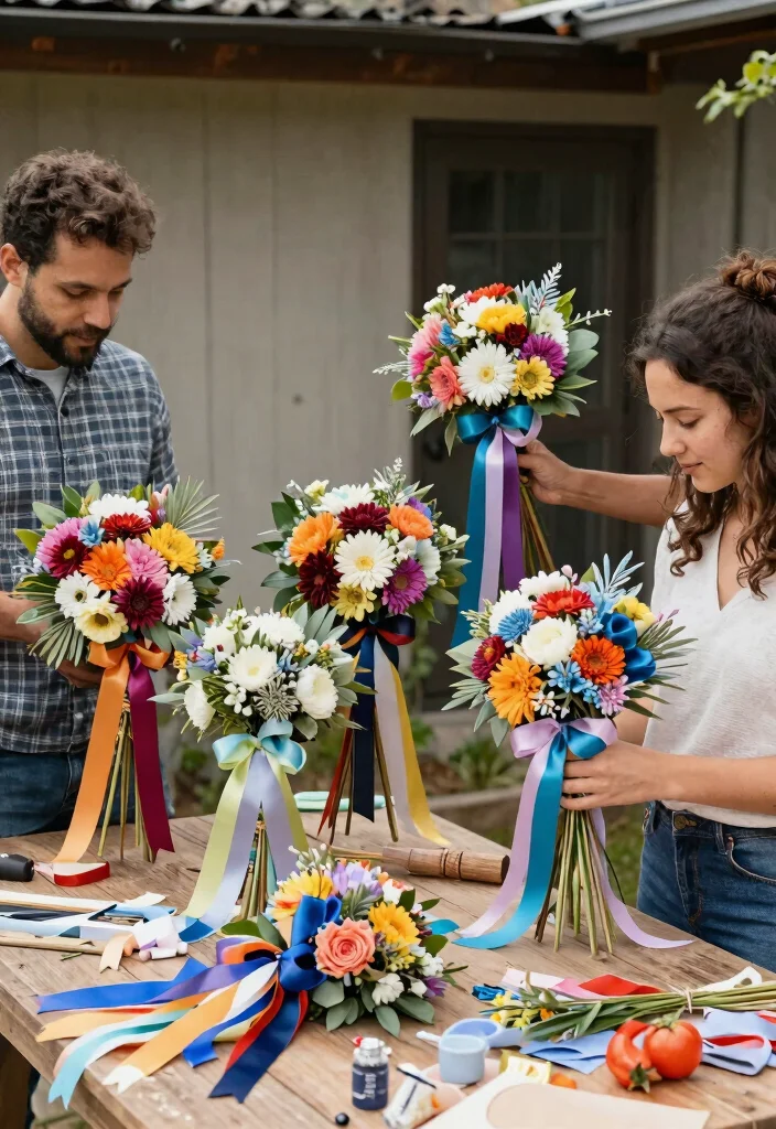 14 Dream Wedding Decorations on a Budget Using Spray Paint & Ribbon - 11. Whimsical Ribbon Bouquets 1