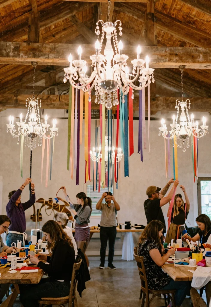14 Dream Wedding Decorations on a Budget Using Spray Paint & Ribbon - 5. Whimsical Ribbon Chandeliers 1