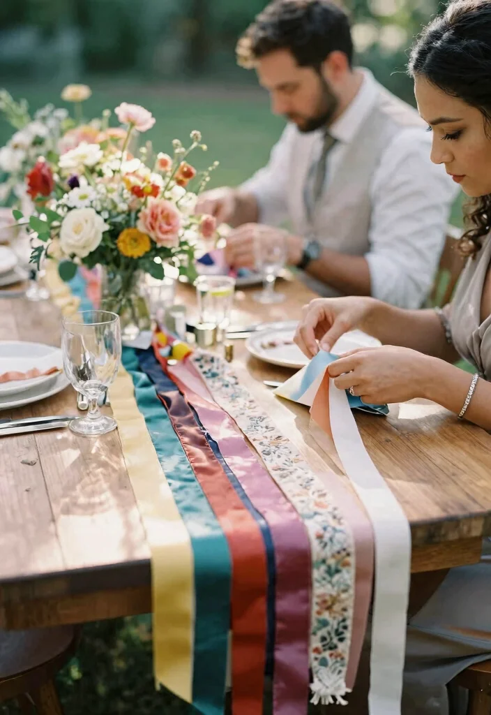 14 Dream Wedding Decorations on a Budget Using Spray Paint & Ribbon - 6. Stylish Ribbon Table Runners 1