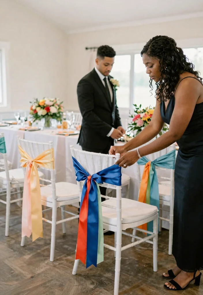 14 Dream Wedding Decorations on a Budget Using Spray Paint & Ribbon - 8. Vibrant Chair Sashes 1